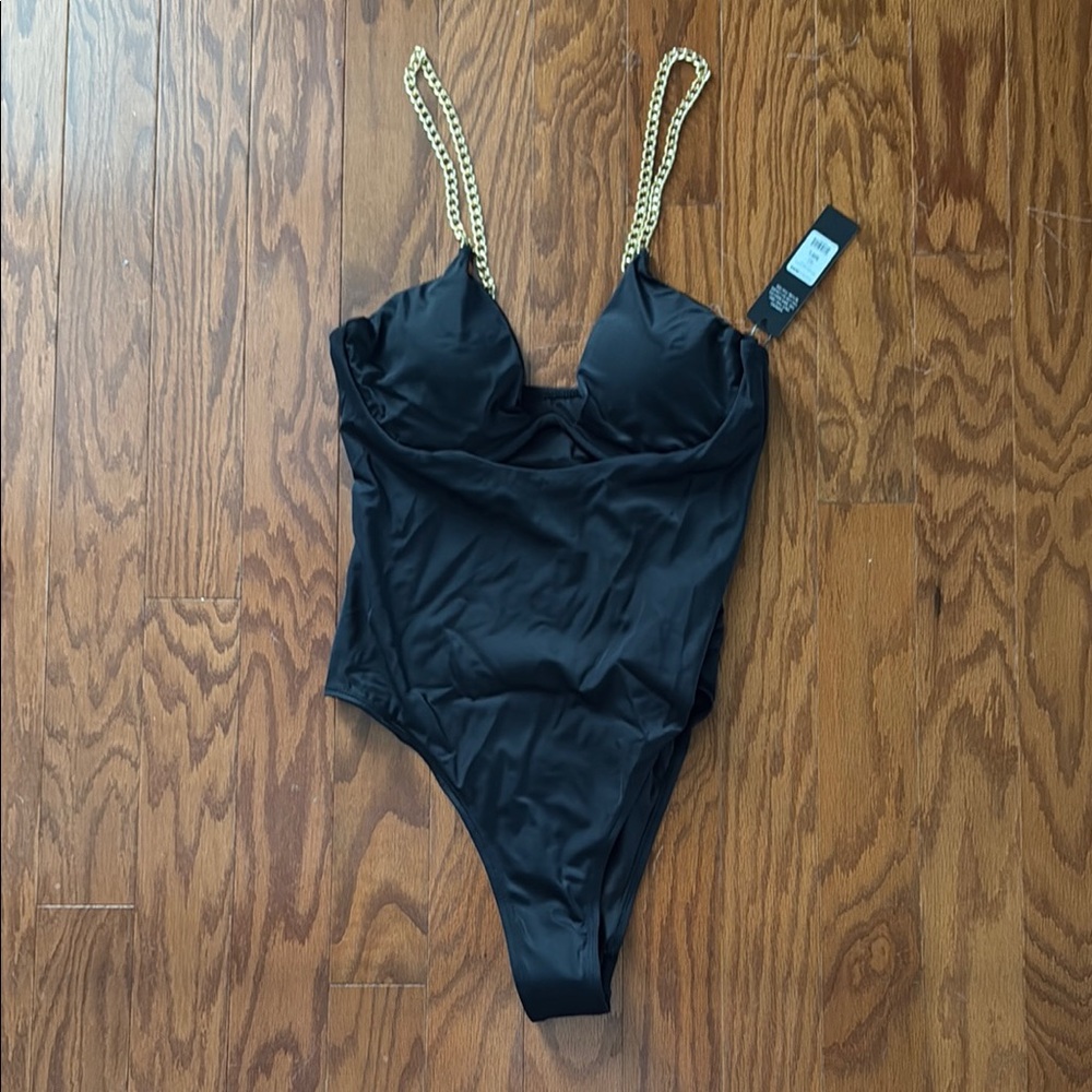Black Bodysuit with Gold Chain Straps